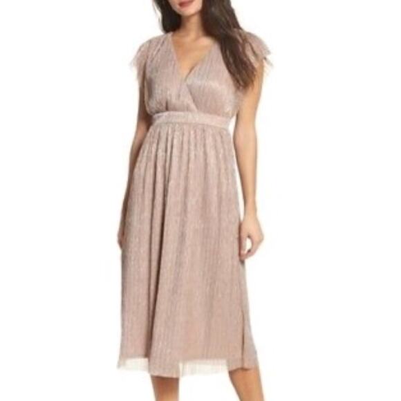 Chelsea 28 Pleated Midi Dress Size S Metallic Wrap Flutter Sleeves NYE Going Out - Picture 1 of 16